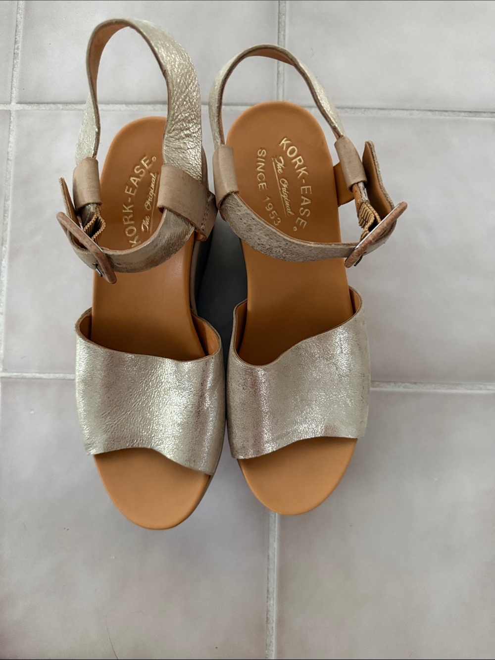 Kork-Ease Metallic Gold and Tan Wedge Sandals - Picture 1 of 6